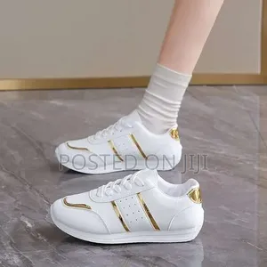 Women's White Sneakers - Lightweight Casual White Shoes With Gold Trim