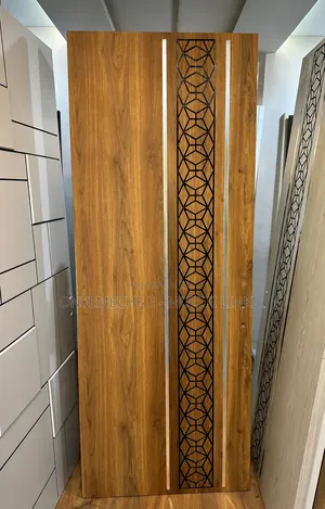 Modern Turkish HDF Flush Door With Geometric Black Metal Inlay
