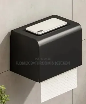Premium Wall-Mounted Tissue Holder With Phone Shelf – Matte Black