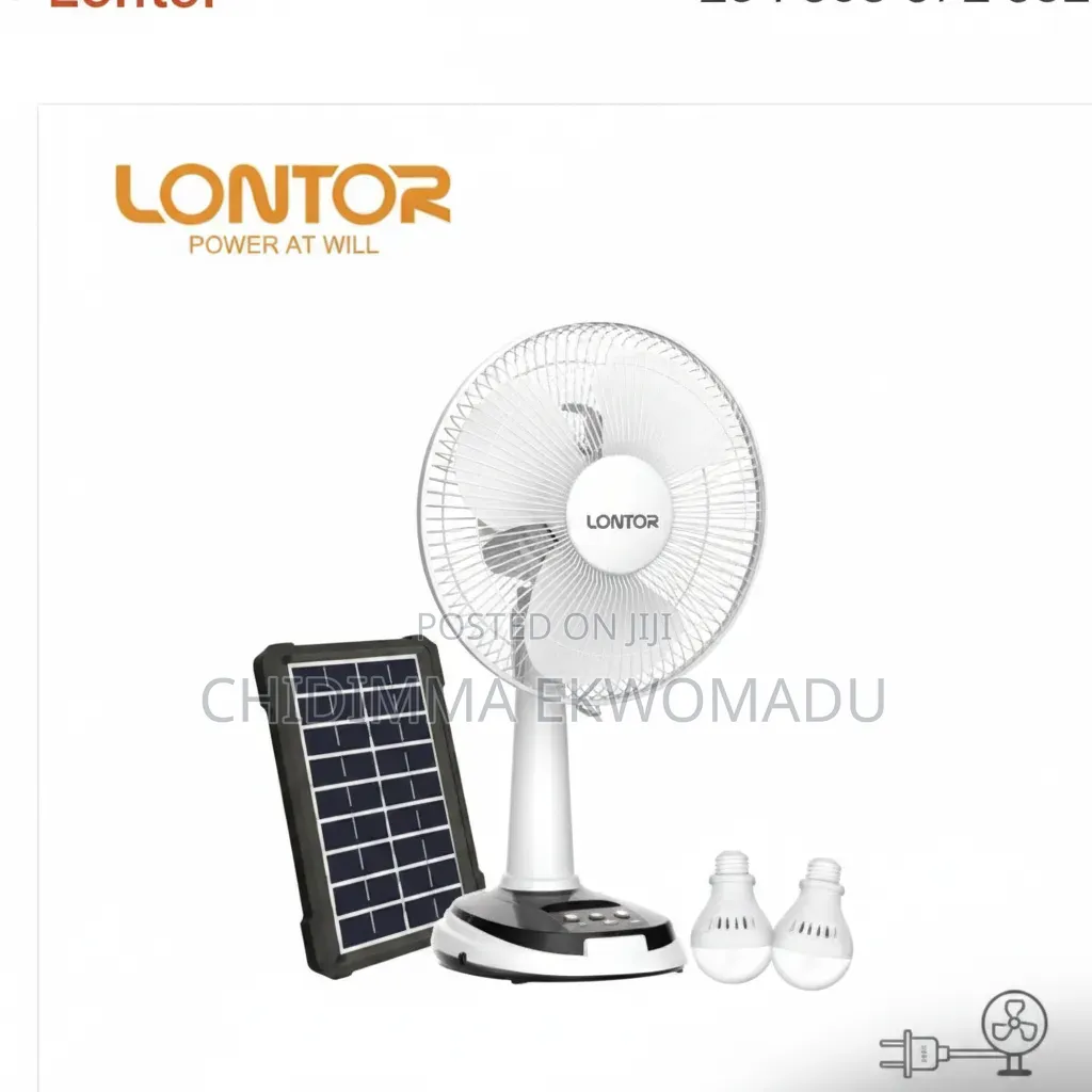 Lontor 14" Rechargeable Solar Panel Table Fan With 2 Bulbs