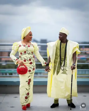 Yellow Gown With Red Rose Embroidery Men’S Pale Yellow Agbada