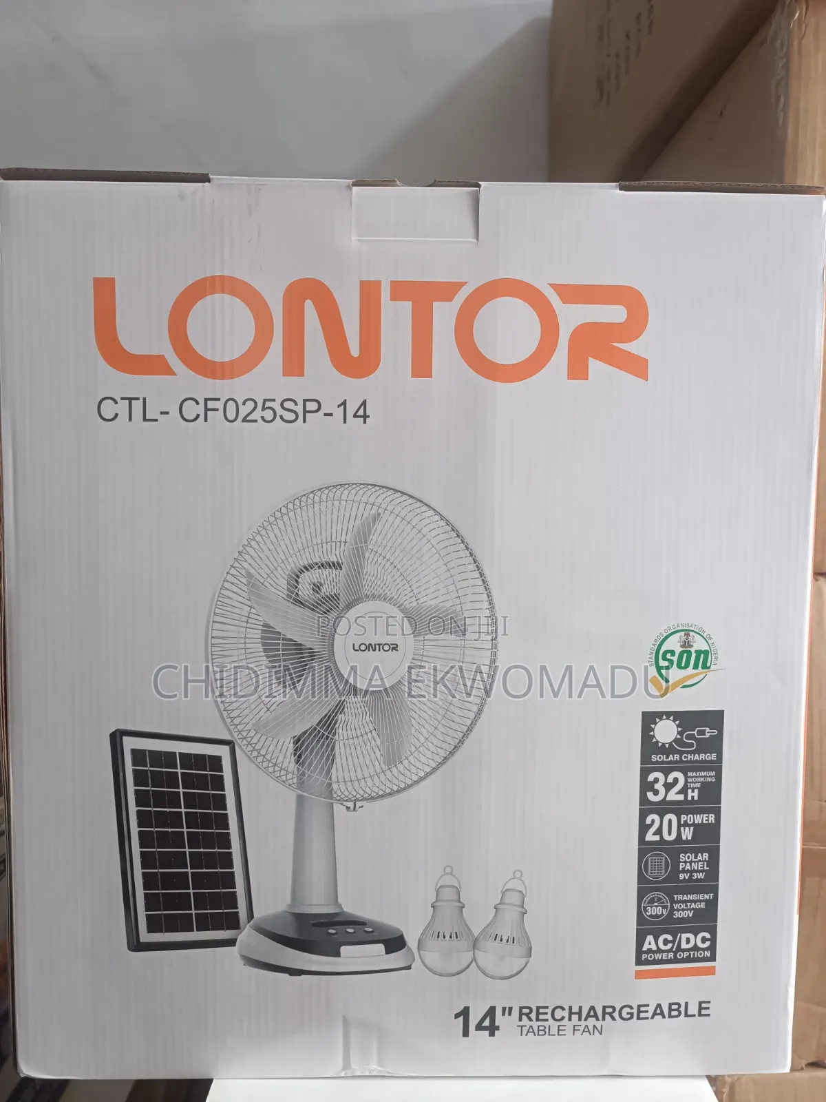 Lontor 14" Rechargeable Solar Panel Table Fan With 2 Bulbs