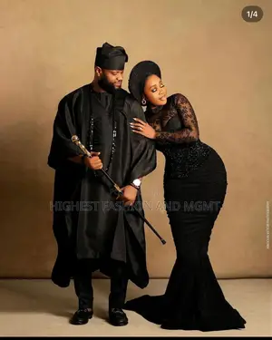 Lace Velvet All-Black Iro and Buba Men’S Textured Black Agbada