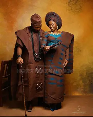 Brown Teal Aso-Oke Corset Gown Agbada With Ornate Beadwork