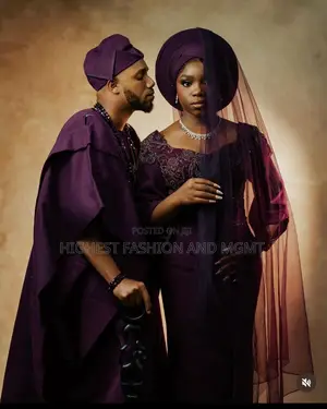 Embroidered Iro and Buba With Tulle Veil Men’S Tailored Plum Agbada