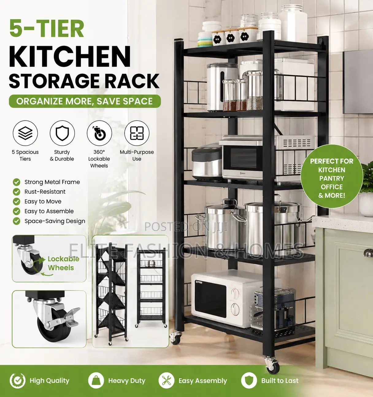5-Tier Kitchen Storage Rack With Wheels | Multipurpose Rolling Storage
