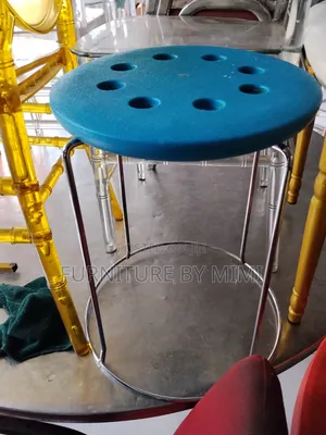 Durable Round Stainless Steel Stool - Blue Plastic Top .
