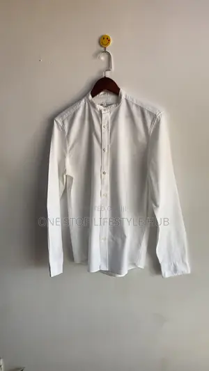 Men's White Slim Fit Grandad Collar Shirt - Long Sleeve