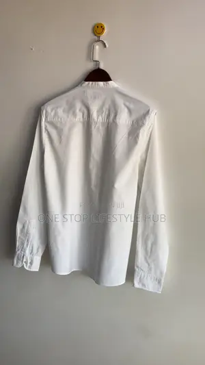 Men's White Slim Fit Grandad Collar Shirt - Long Sleeve