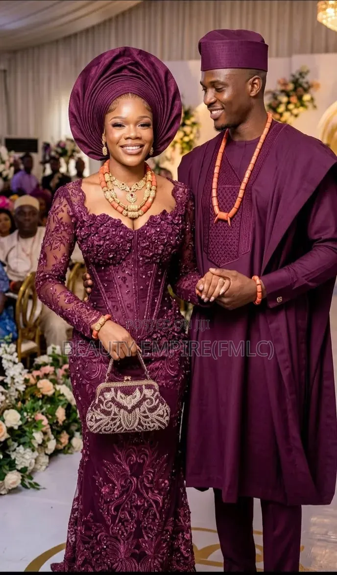 Agbada and Beaded Gown Wedding Set