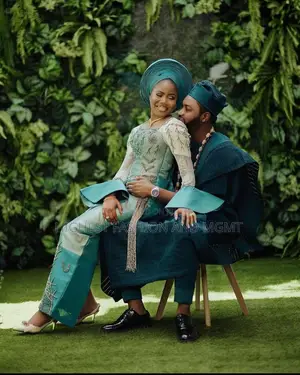 Embellished Teal Ivory Lace Gown Men’S Traditional Teal Agbada Set
