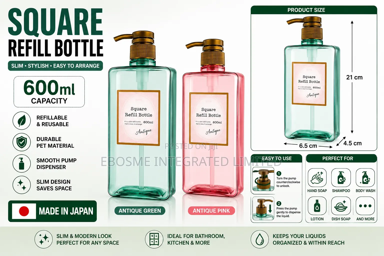 Square Slim Refillable Pump Bottle