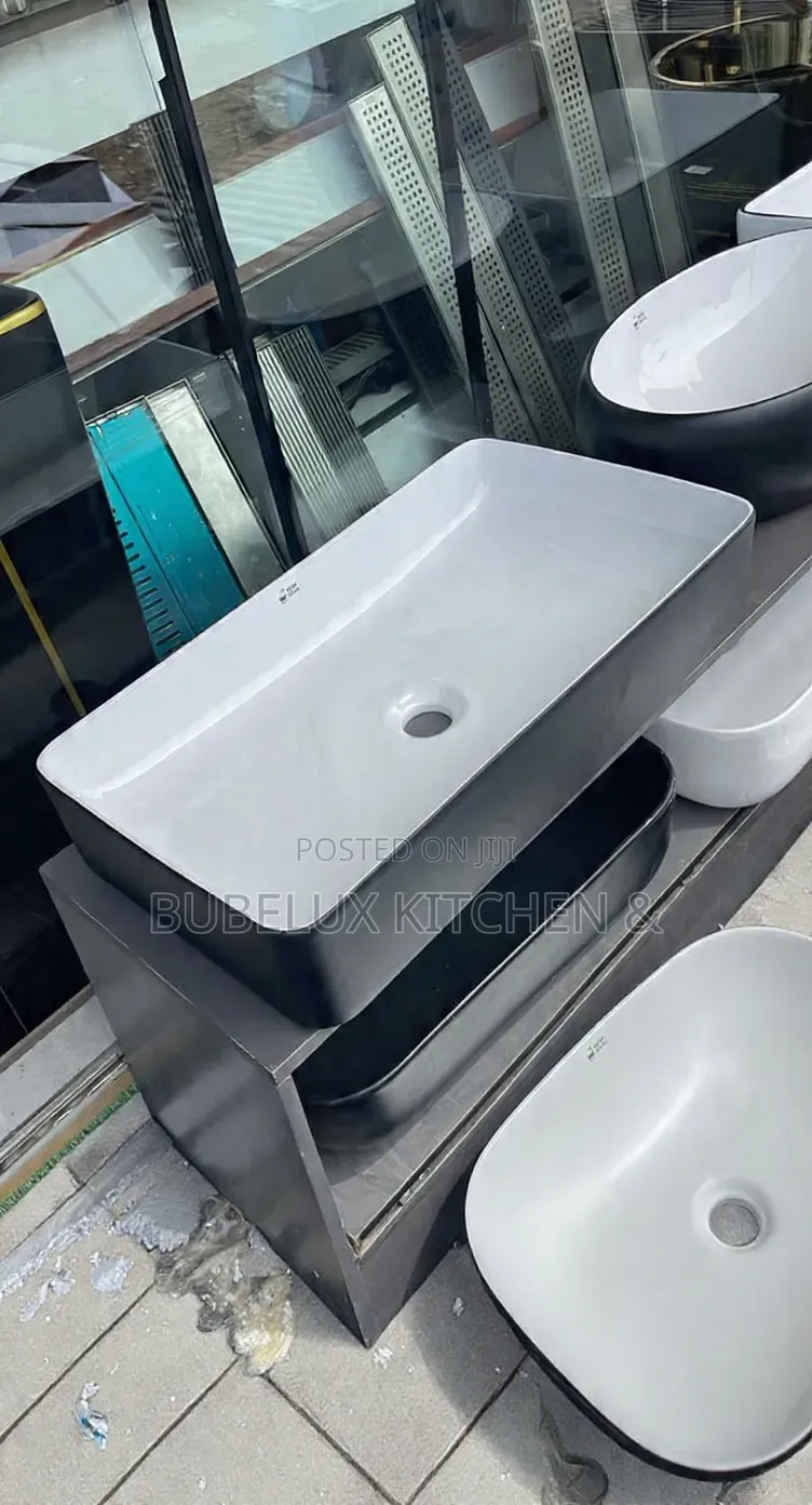 Brand New Luxury Rectangular Countertop Basin - White + Matte Black