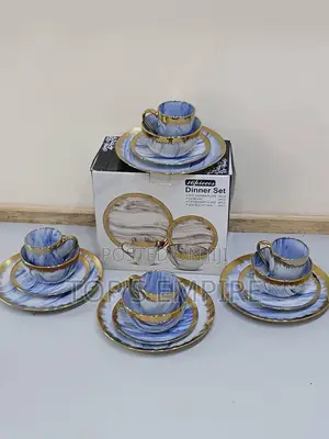 16PCS Luxury Marble Stoneware Dinner Set – Gold/Bluish Marble Design