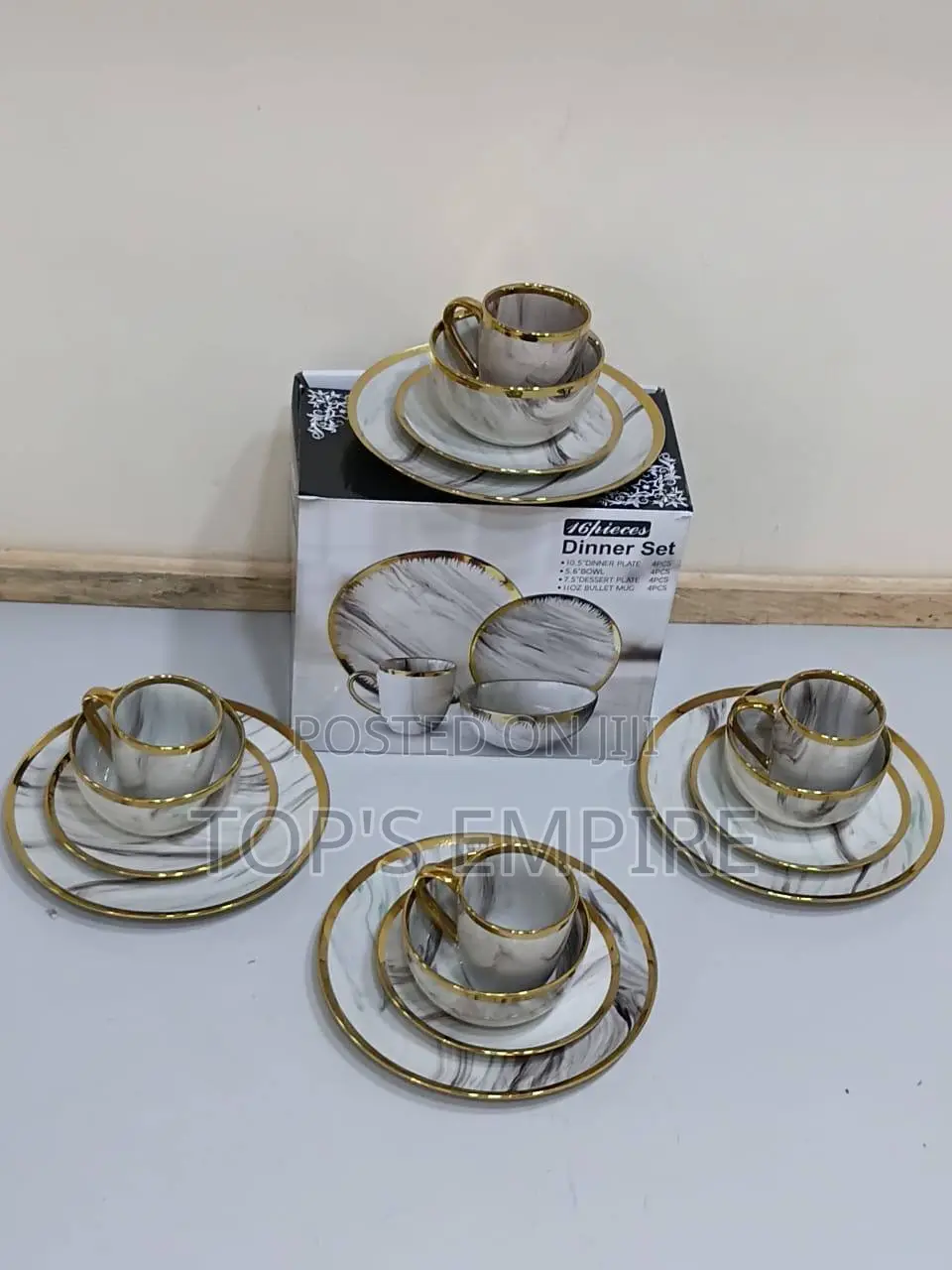 16PCS Luxury Marble Stoneware Dinner Set – Gold/Bluish Marble Design