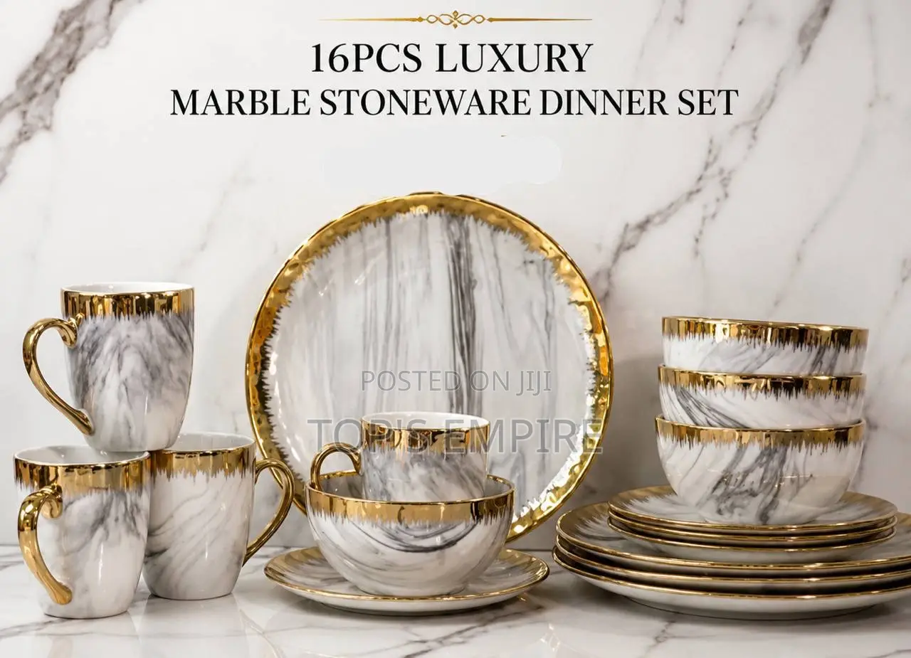 16PCS Luxury Marble Stoneware Dinner Set – Gold/Bluish Marble Design