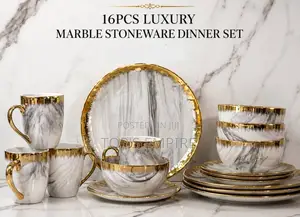 16PCS Luxury Marble Stoneware Dinner Set – Gold/Bluish Marble Design