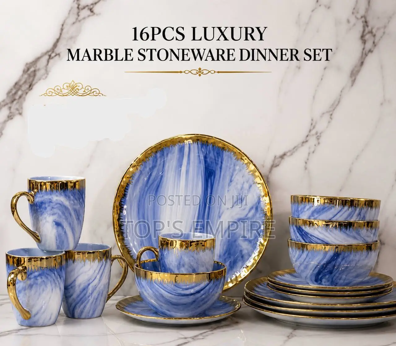 16PCS Luxury Marble Stoneware Dinner Set – Gold/Bluish Marble Design