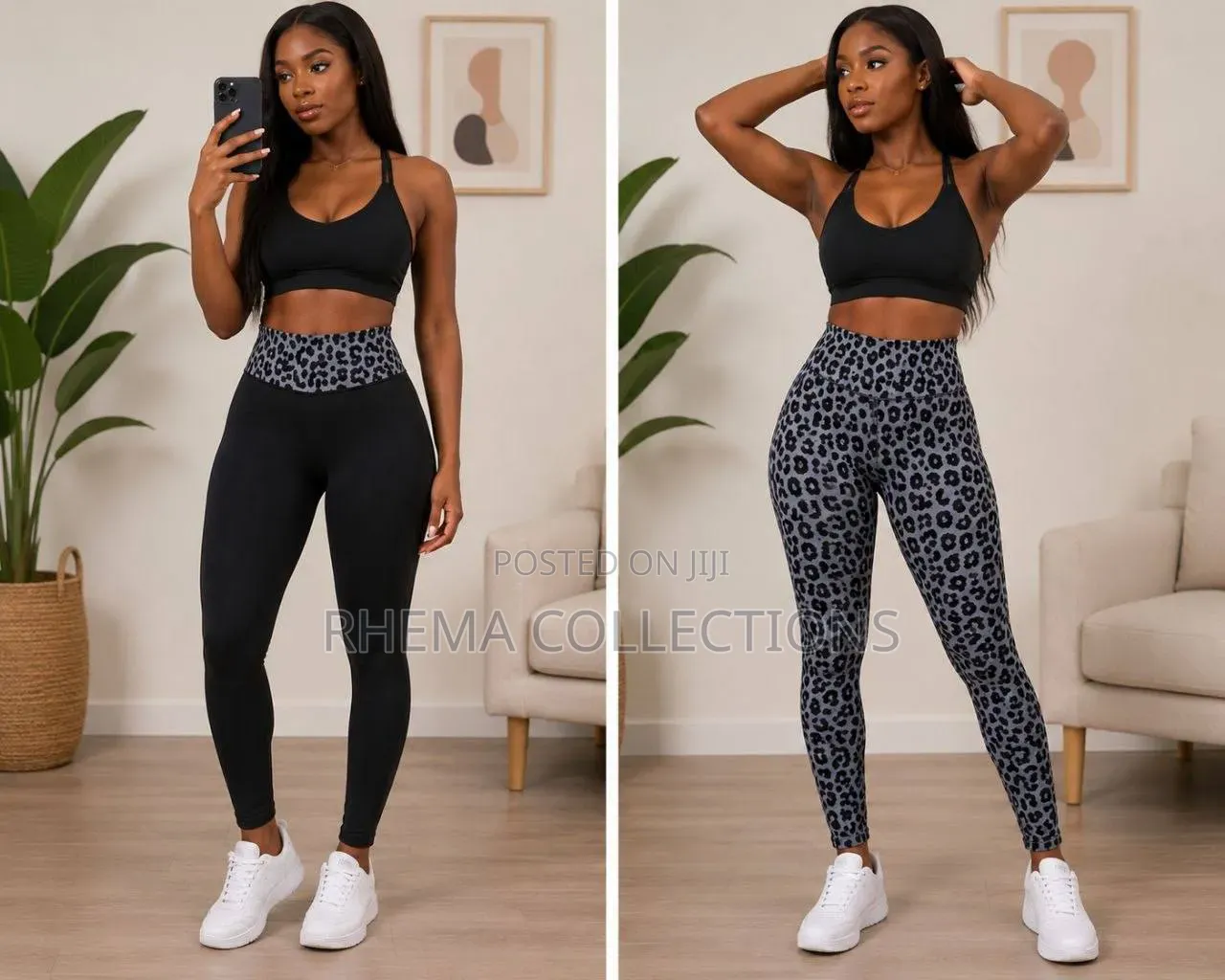 Leopard Skin Pattern/Plain Black Thick Stretchy Leggings