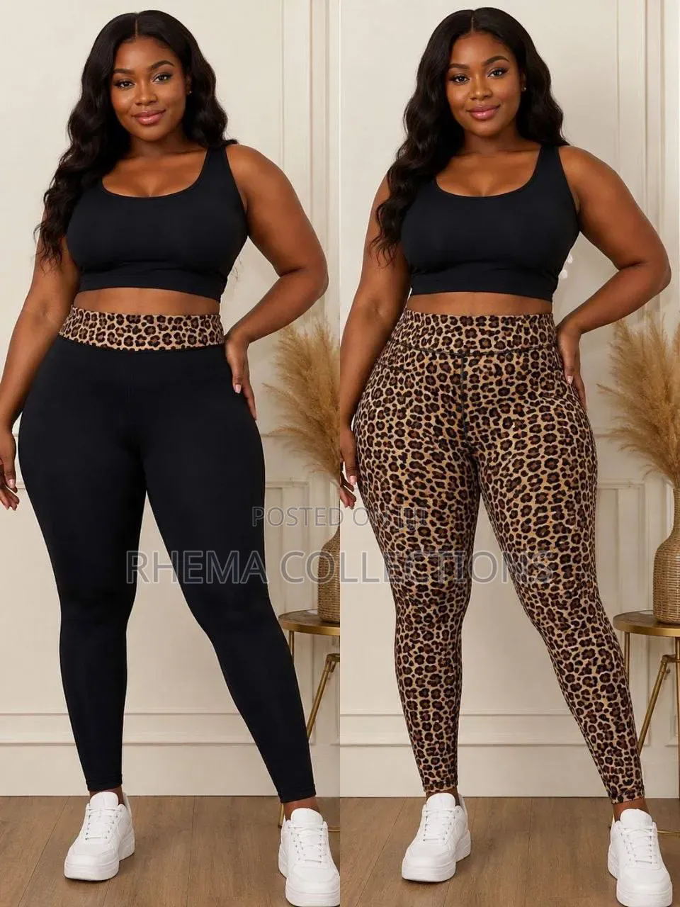 Leopard Skin Pattern/Plain Black Thick Stretchy Leggings