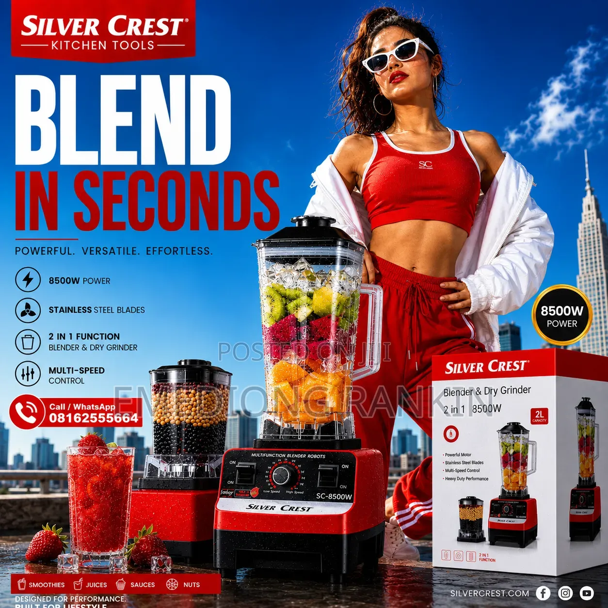 Powerful 2 in 1 Silver Crest Blender. 8,500w