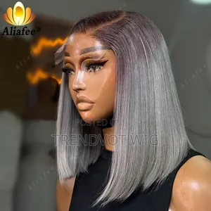 Silver Grey With Dark Root Straight Bob Human Hair Wig
