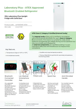 Laboratory Upright Freezer With Solid Door. ATEX Approved 242L