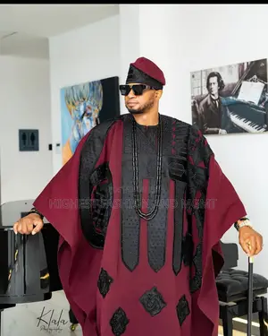 Burgundy Black Aso Oke Gown With Gele Embroidered Agbada Set