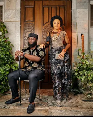 Lace Bridal Gown With Gele Black Embroidered Gold-Patterned Top Set