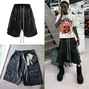baggy Leather Cargo Shorts 
 Knee Length | Black | Drawstring