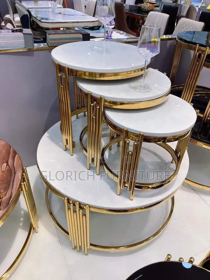 4-Piece White Marble-Top Nesting Table Set – Gold Art Deco Rod Frame