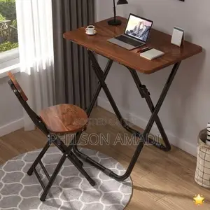 SpaceSaver Walnut-Finish Compact Folding Desk and Ergonomic StoolSet