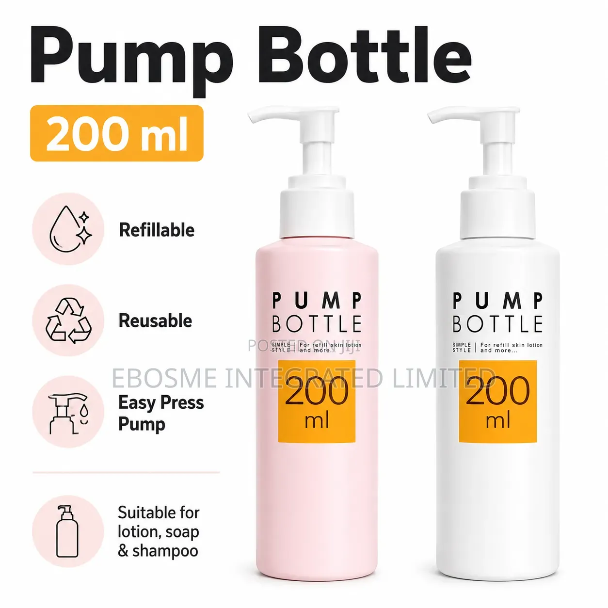 200ml Refillable Pump Bottle for Lotion, Soap and Shampoo