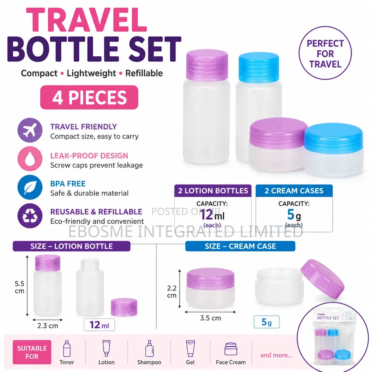 Refillable Travel Lotion Bottle and Cream Case Set