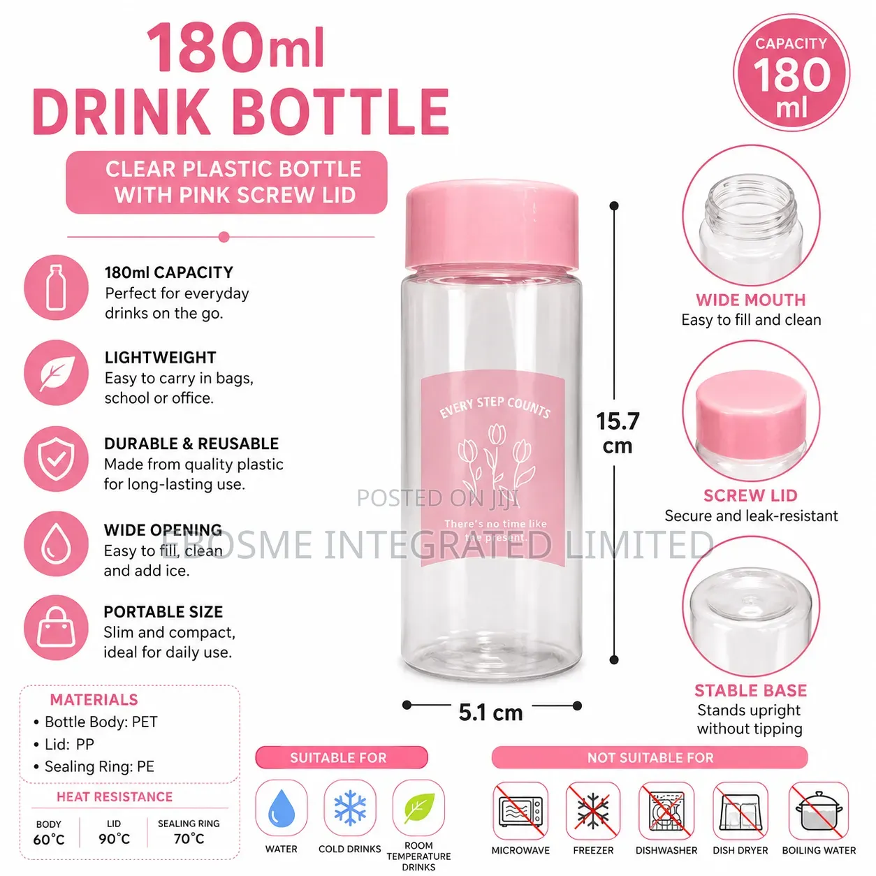180ml Clear Plastic Drink Bottle With Pink Lid