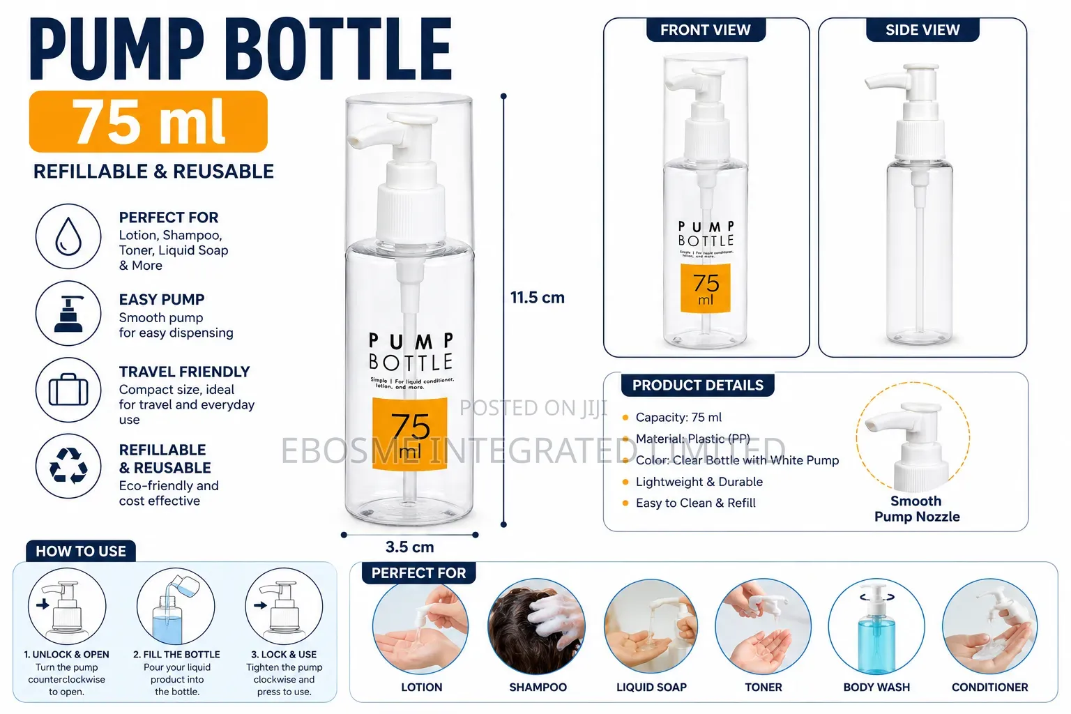 75ml Refillable Transparent Cosmetic Pump Bottle