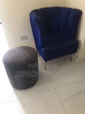 Luxury Blue Velvet Shell Accent Chair With Pouf