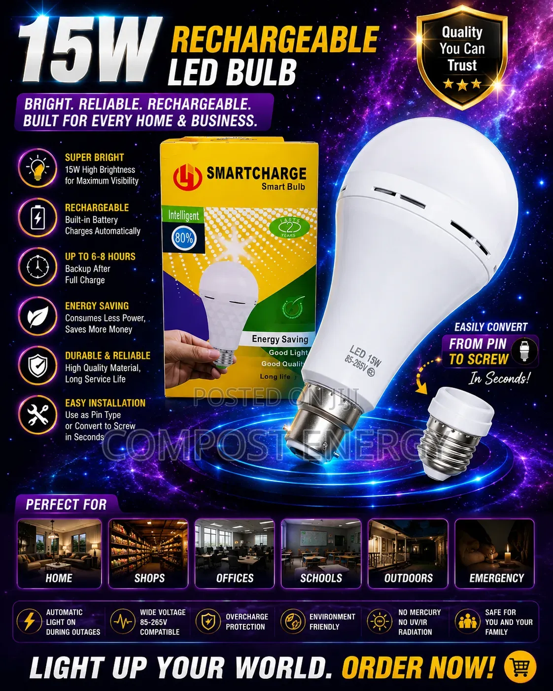 15w Rechargeable Lithium Led Bulb