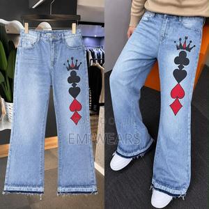 Blue Flared Jeans With Gothic Print Wreath Logo – Wide Leg Denim