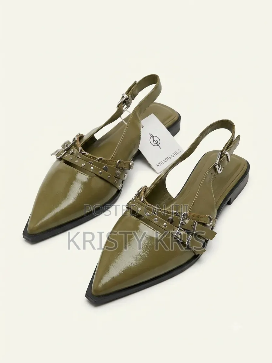 Olive Green Slingback Pointed Flat Shoes