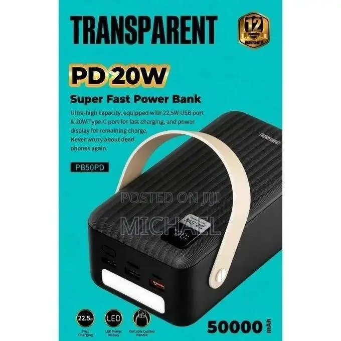 Transparent Pd 20w 50000mah Super Fast Power Bank With Type C Input