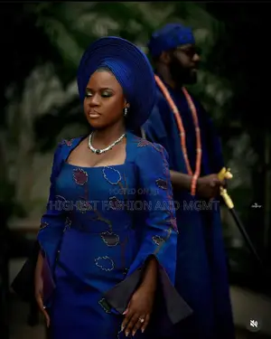 Royal Blue Gown With Beaded Vine Embellishments Textured Navy Agbada