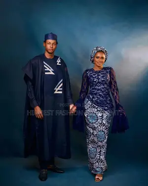 Ankara and Lace Fusion Gown and Midnight Blue Senator