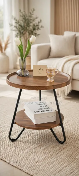Modern Two-Tiered Round Side Table – Wooden Tray Top Metal Frame
