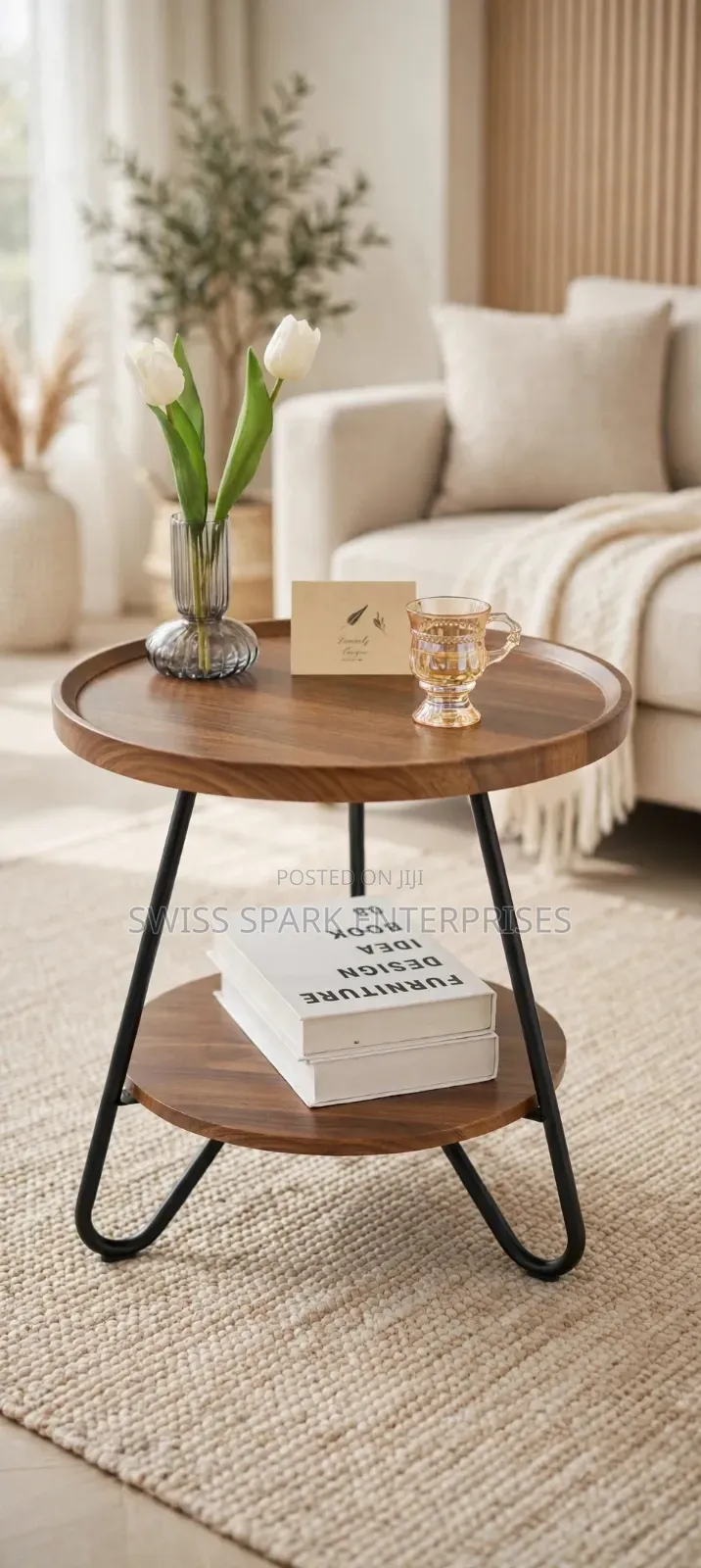 Modern Two-Tiered Round Side Table – Wooden Tray Top Metal Frame