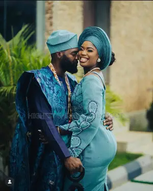Teal Aso-Ebi Gown and Patterned Agbada
