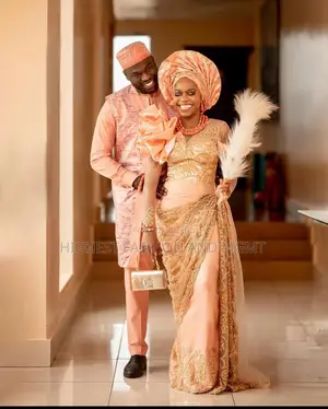 Peach Lace Gown and Peach Agbada Set