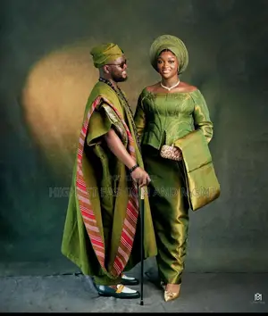 Olive Silk Gown and Olive Striped Agbada