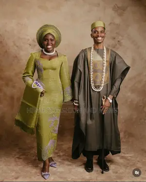 Olive Beaded Gown and Slate Agbada Outfit