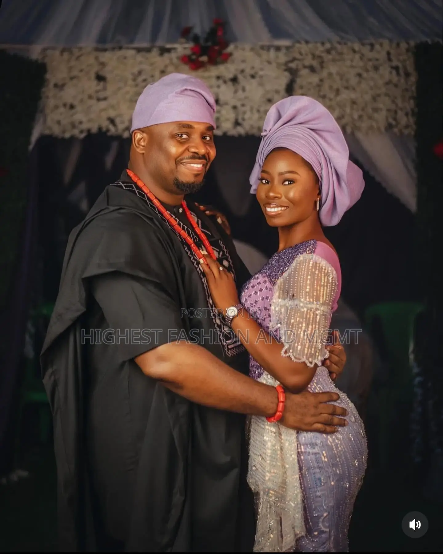 Beaded Lavender Lace Gown and Embroidered Black Agbada